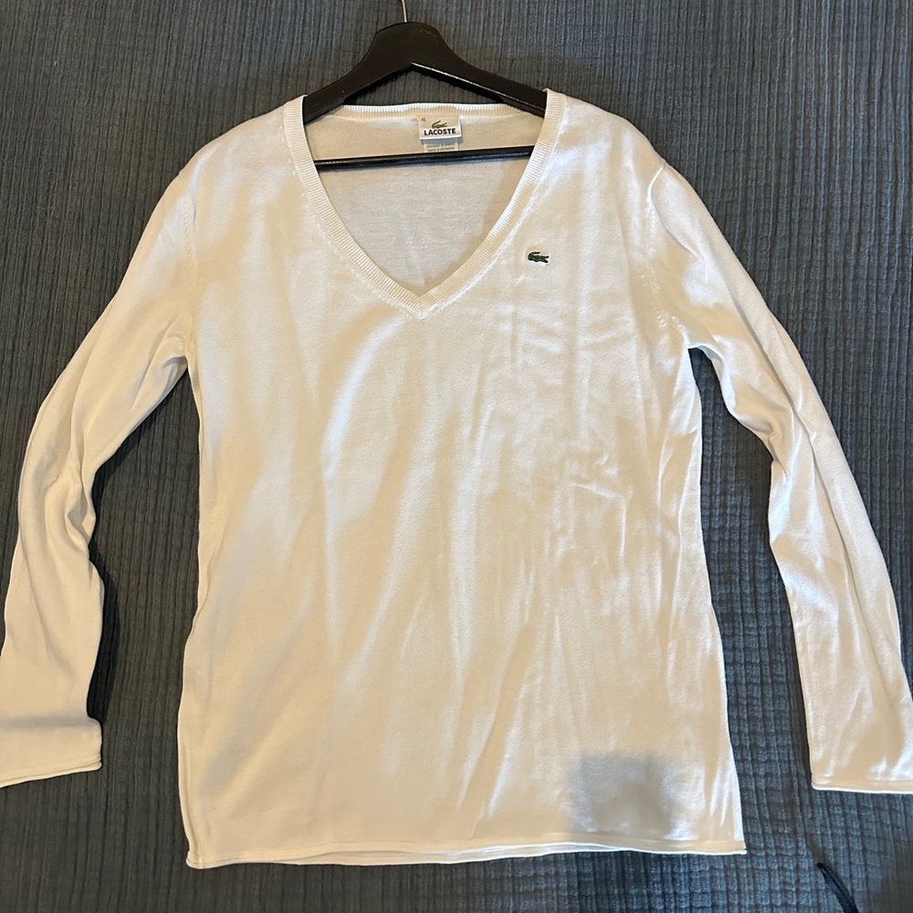 LACOSTE 100% CLASSIC Cotton White V-Neck Sweater SIZE 46